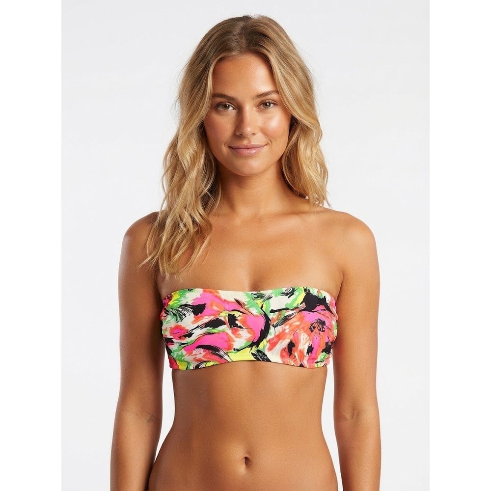 80s Style Bandeau Bikini Top Womens M Neon Floral Abstract Excellent Strapless